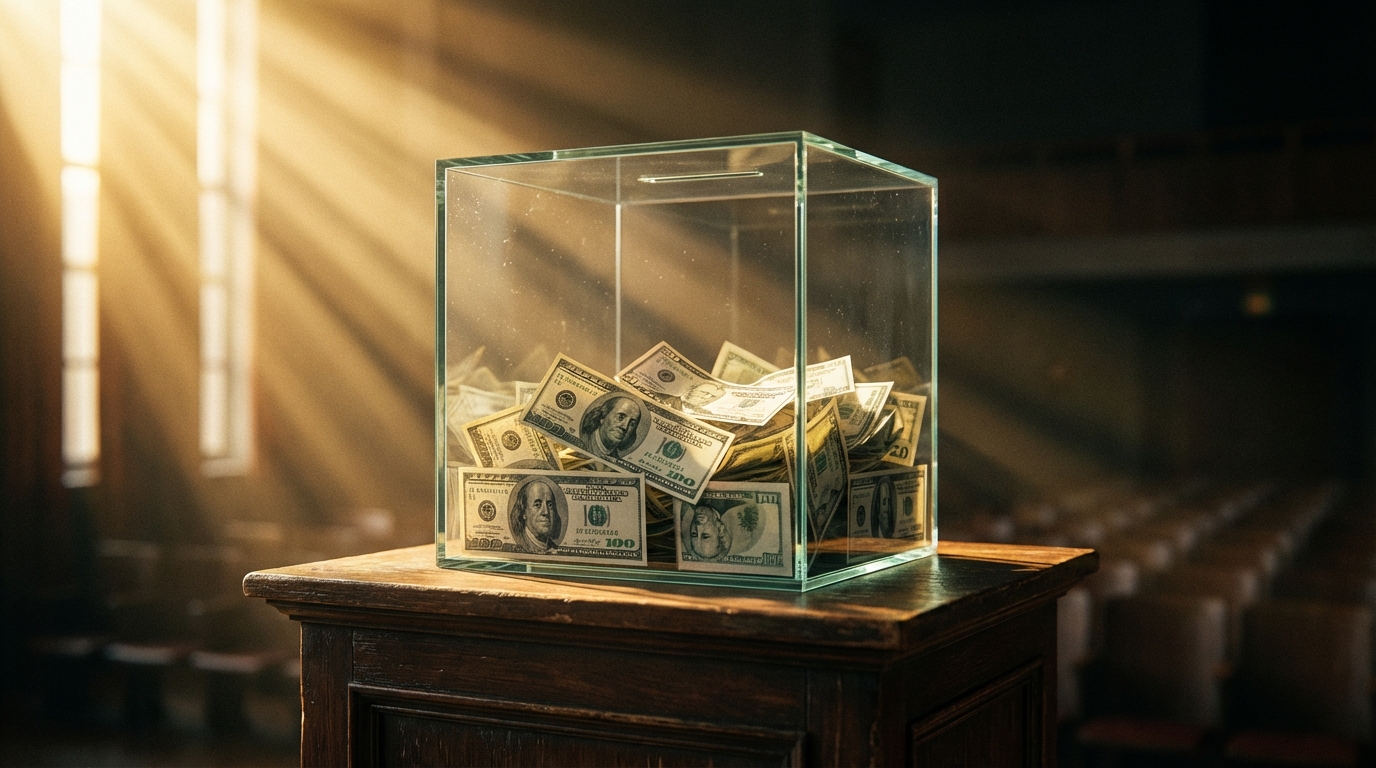 Transparent ballot box filled with money - representing campaign finance transparency